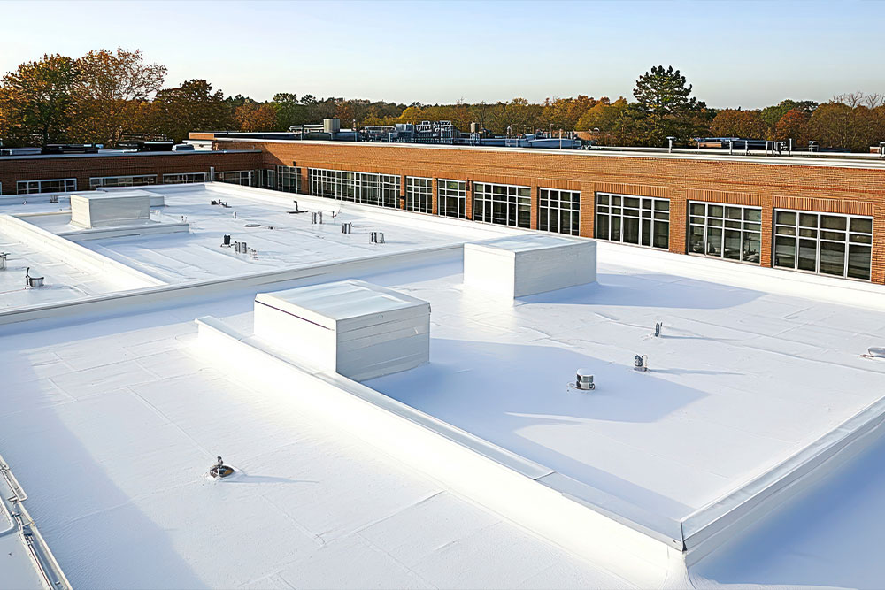Professional roofers performing repairs on a large commercial building's flat roof.