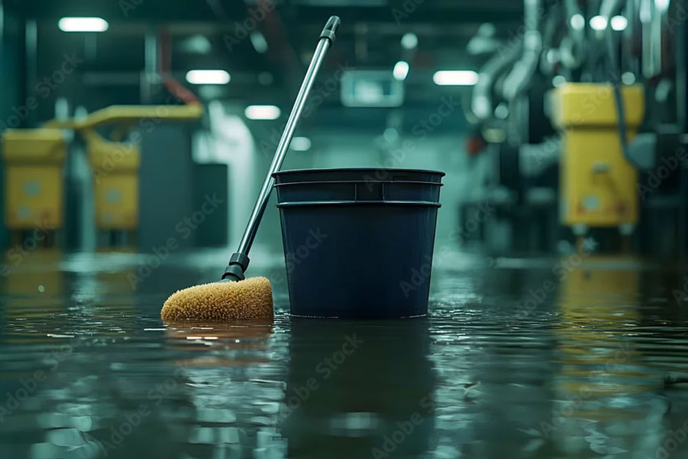 Water dripping from the ceiling onto boxes in a commercial warehouse.